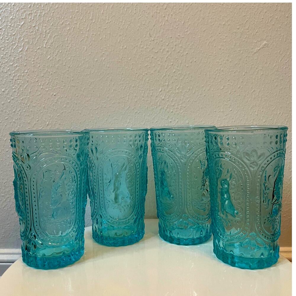 Easter Bunny Embossed Hobnail Victorian Heavy Drinking Glasses Set 4 Blue New